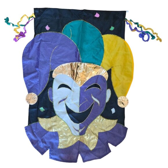 Jester Mardi Gras Banner Wall Hanging Double-Sided Embroidered Flag w/Tassels - Picture 2 of 3